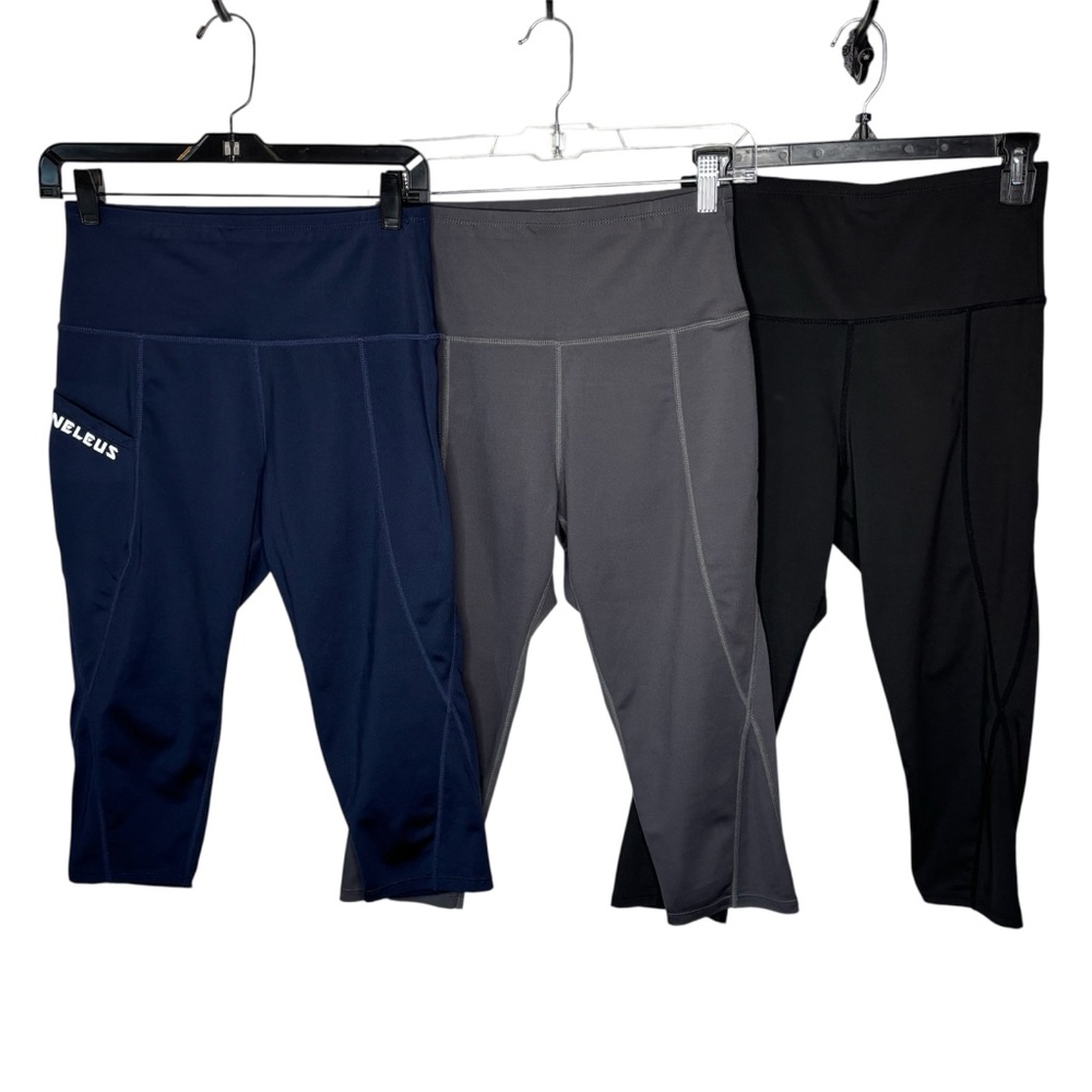 Neleus Bundle of 3 Pairs of Capri Leggings Sz L Navy Gray Black High Waist Yoga